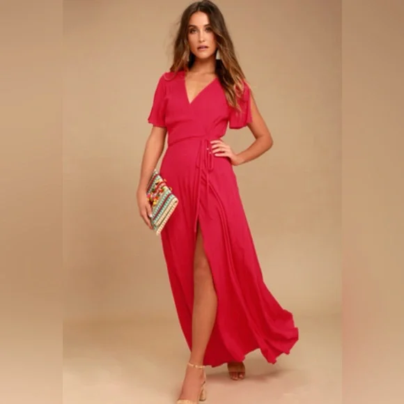 🆕 LuLu’s Much Obliged Red Wrap Maxi Dress, Size L - Picture 1 of 10